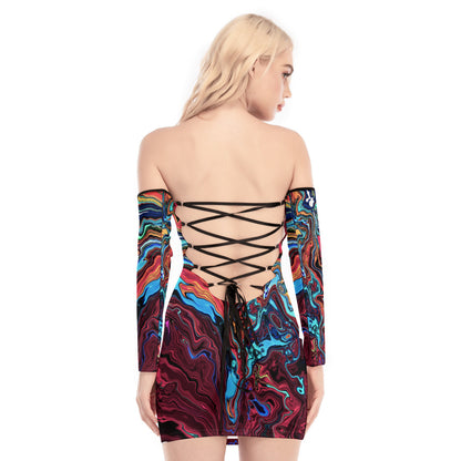 Jungle Flower Red Off-shoulder Back Lace-up Dress